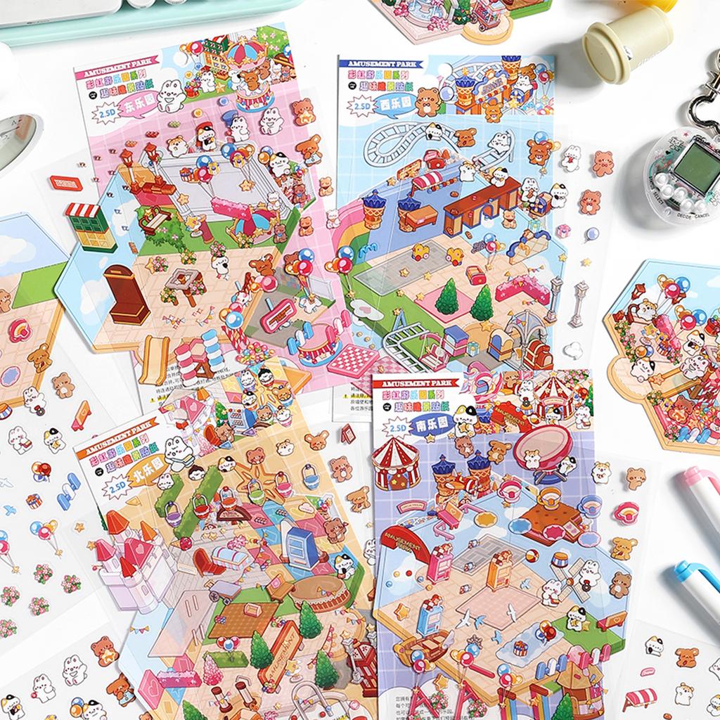 16Pcs Scenes Cartoon Landscape Sticker Book Forest Village DIY 3D Sticker Cabin Scene Pocket Birthday Gift for Kid Child Student
