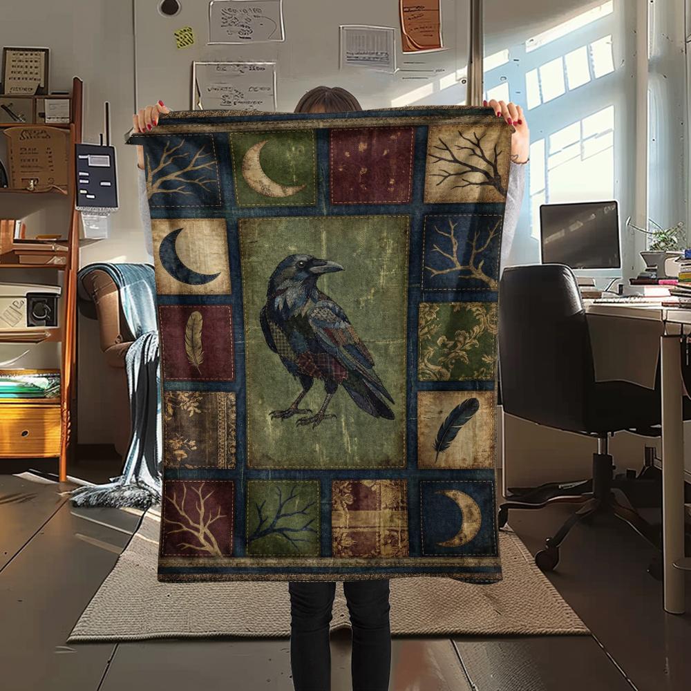 Crow Print Flannel Blanket, High quality Comfortable for All Seasons, Home Decor, Warmth and Comfort, Perfect for Christmas Gifts47