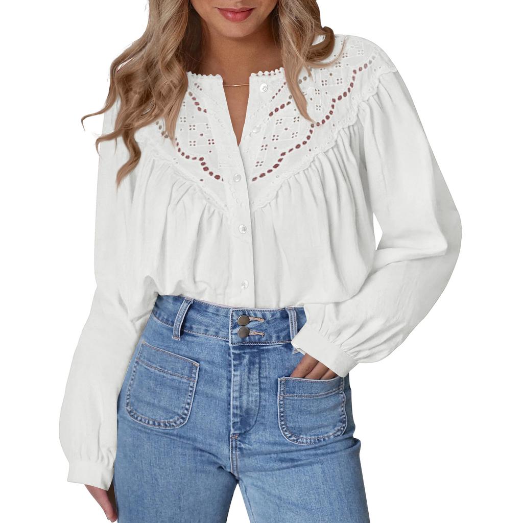 Women's Fashion Loose Lace-Up Openwork Blouse With Round Neck And Long Sleeves