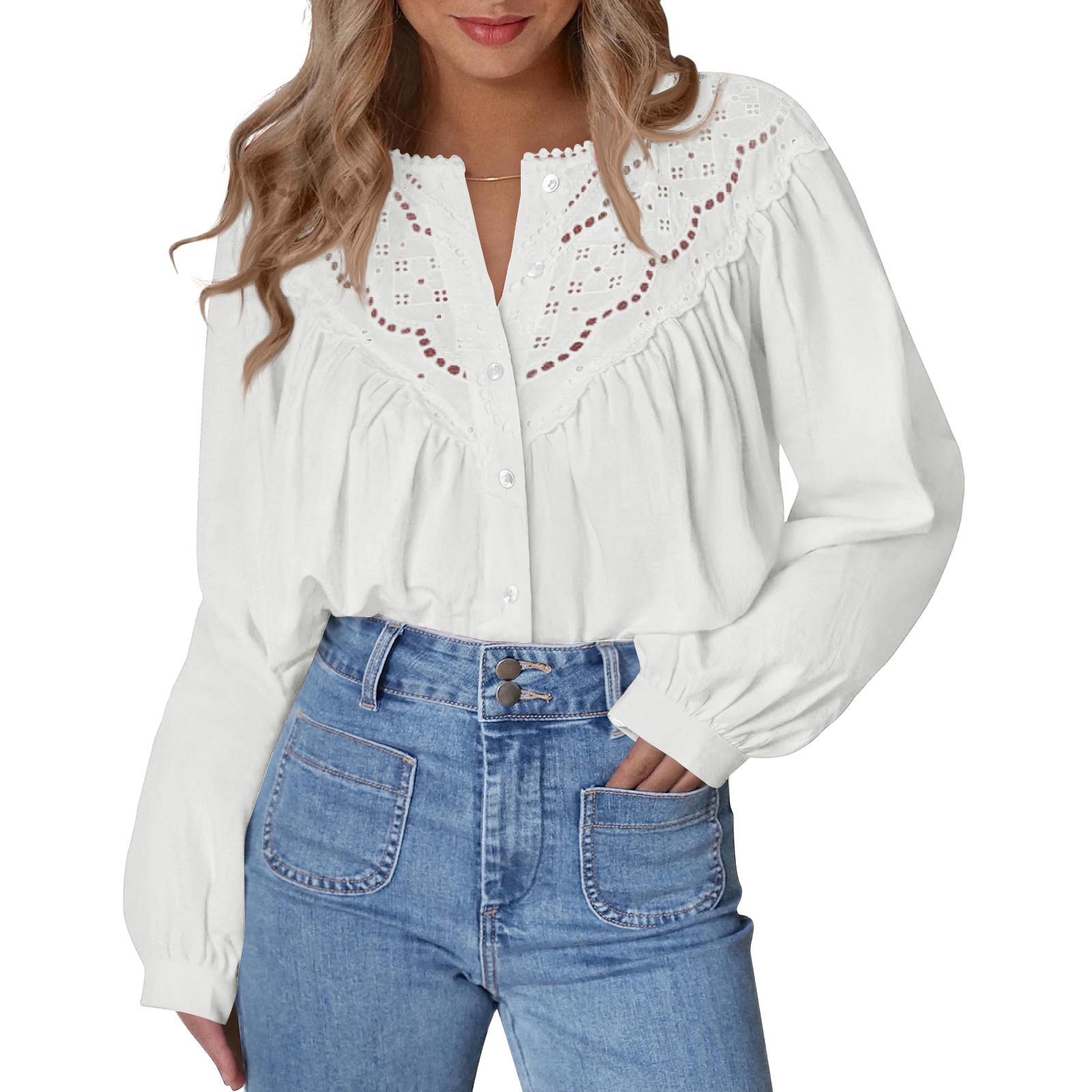

Women s Fashion Loose Lace-Up Openwork Blouse With Round Neck And Long Sleeves XXL білий