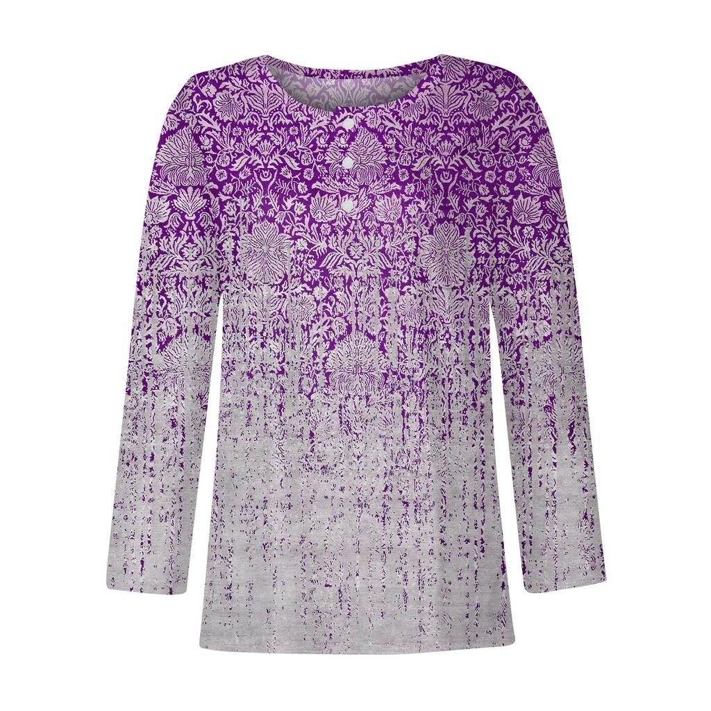 Women's New Button-Down Fashion Print Long Sleeves T-Shirt Slim Top Casual Tops