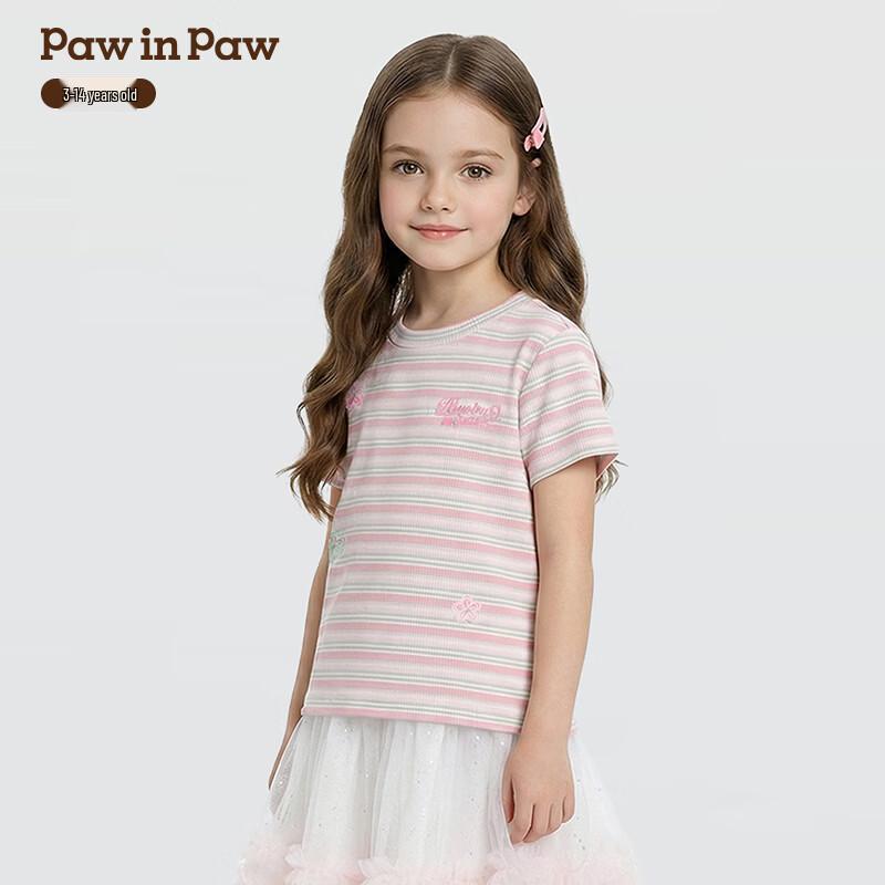 PawinPaw Girls' Cartoon Bear Striped Short Sleeve T-Shirt