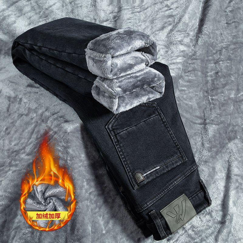 Autumn and winter jeans elastic fleece thickened business straight loose long pants