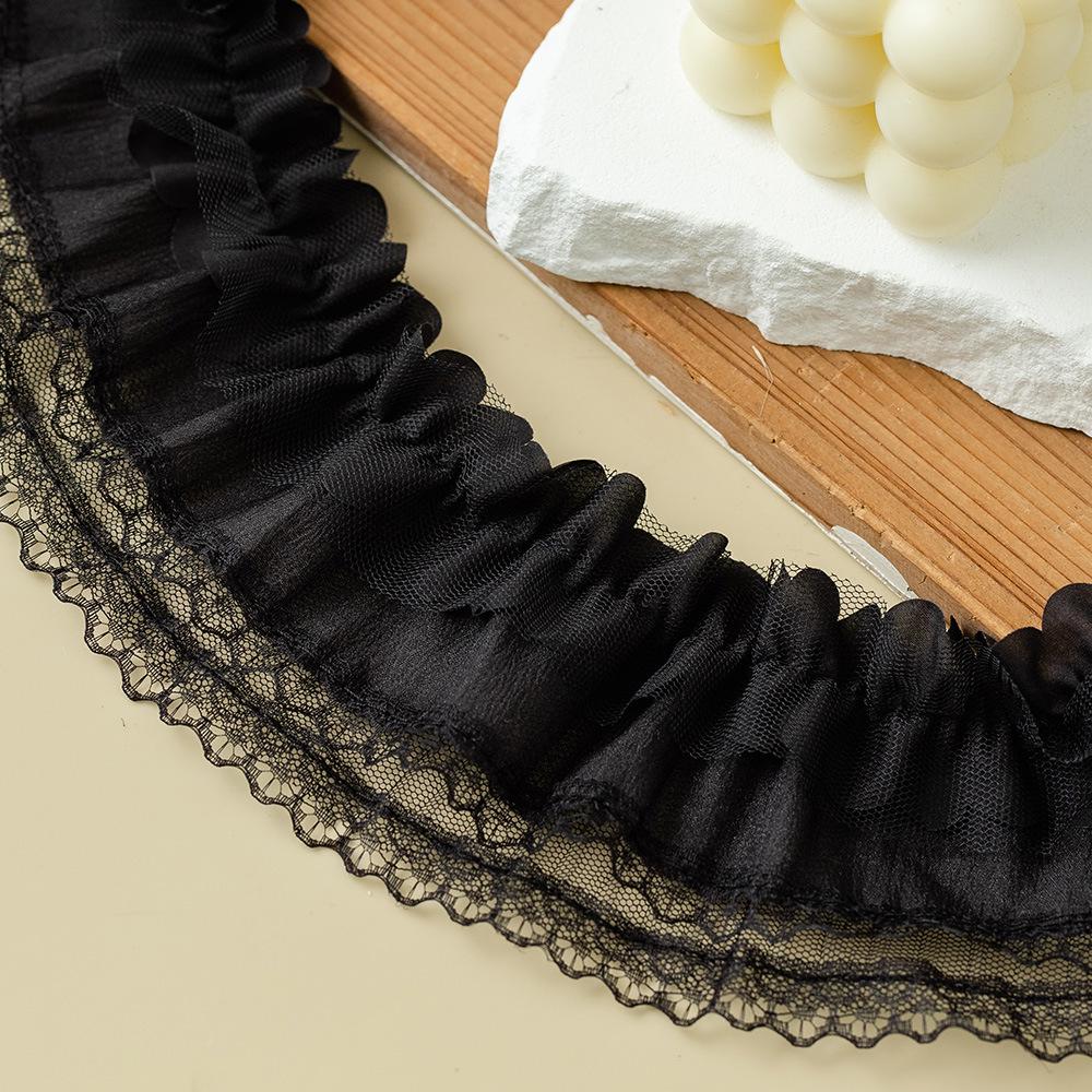7.5cm Black & White Double-Layer Pleated Chiffon Lace Trim for Neckline, Cuff, and Hem Decoration.
