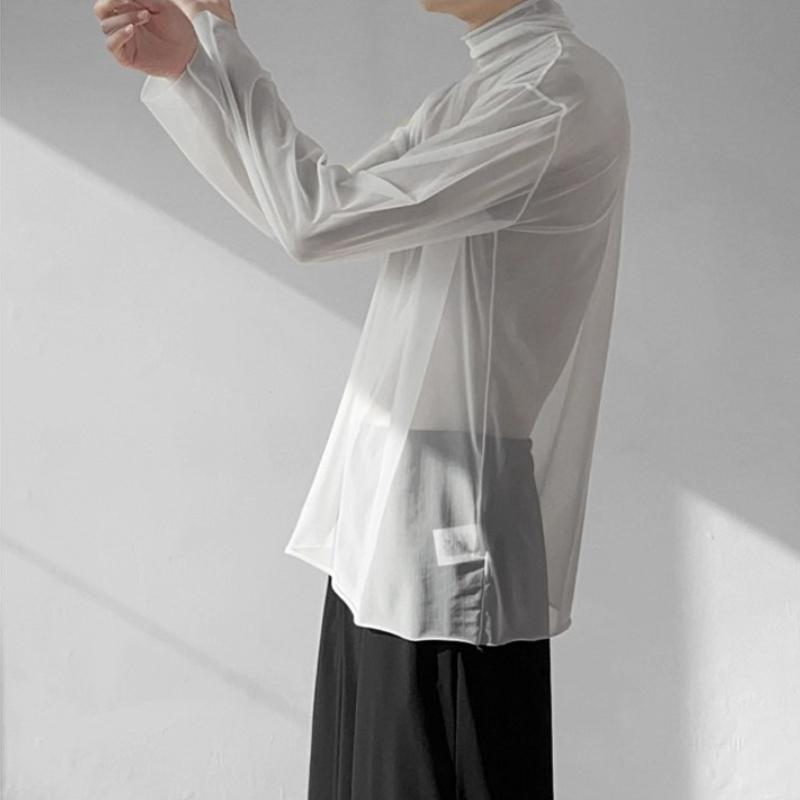 Men Mesh Sheer Turtleneck Casual T-Shirts Nightclub Long Sleeve Base Shirts Mens Undershirt Transparent Tops Club Streetwear