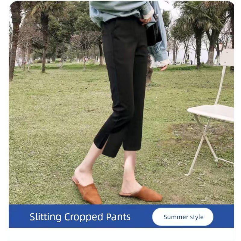 

Women s Slim-Fit Flared Pants for Plus-Size, 2026 New Summer Thin Style, Petite Ice Silk Casual Cropped Pants Slit Three-Quarter Length L