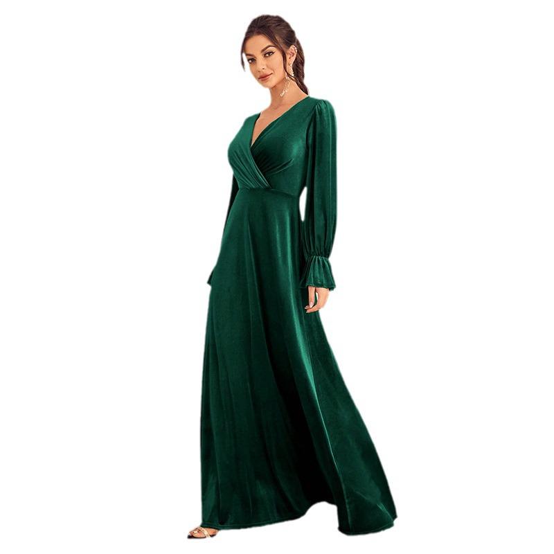 Chiffon V-Ausschnitt Langarm Frühlingsabendkleid mit geraffter Taille