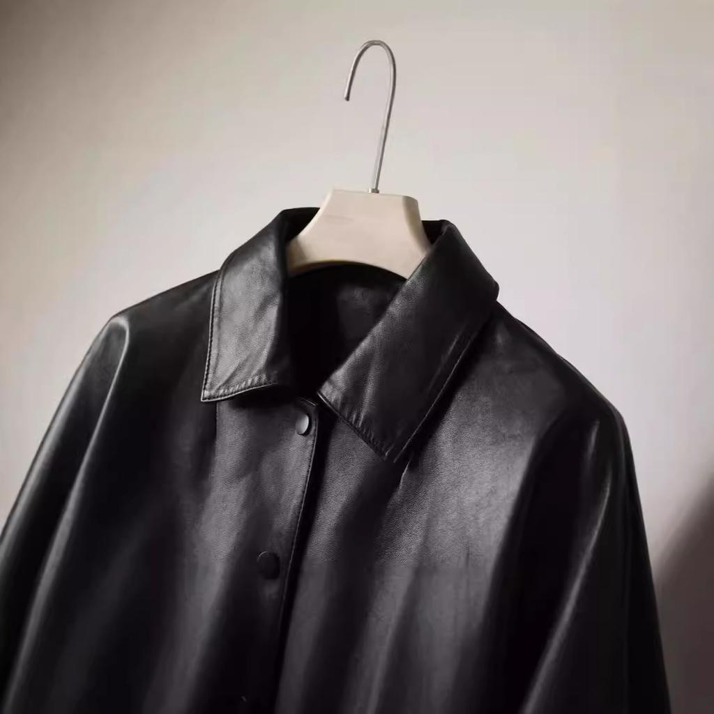 Leather Leather Jacket Women's Sheepskin Jacket Short Square Neck Loose Casual Motorcycle Leather Jacket