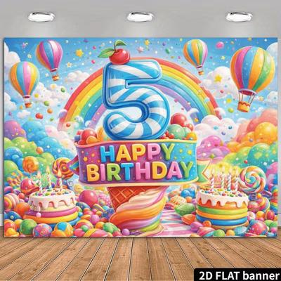 2D 5-årsdag Bakgrunn Regnbue Godteri Varmluftsballong Fotografi Bakgrunn Barnefest Dekorasjon