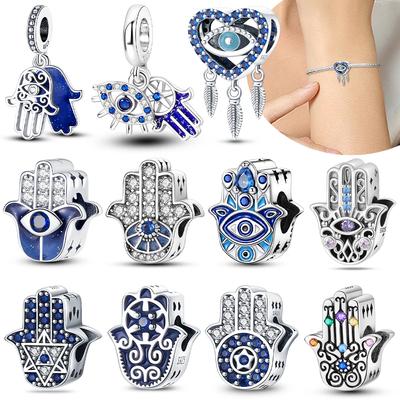 Original 925 Silver Blue Heart Demon Eye Pendant Fatima Hand Charm Bead Bracelet Women Jewelry Religion Gift
