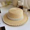 Natuurlijke Tarwestro Boater Fedora Top Platte Hoed Dames Zomer Strand Platte Rand Pet Parel Accessoires Voor Vakantiefeest Zon Hoeden