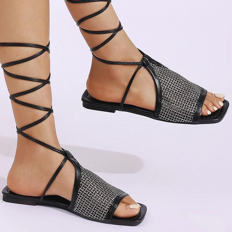 Fashion Women's Roman Cross Tie Open Toe Sandals Summer Beach Flat Gladiator Sandals Women Elegant Dress Lace Up Low Heel Sandal Female