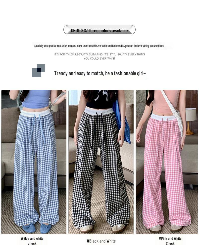 Petite Pink Plaid High Waist Wide Leg Summer Trousers for Women