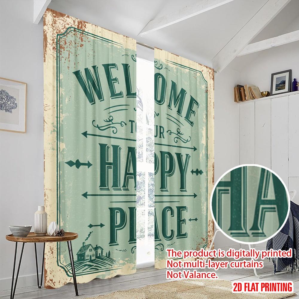 2pcs 2D flat printing Window Curtains Welcome Happy Place Home_a Fabric Without Electricity Family Party Use for All Occasions