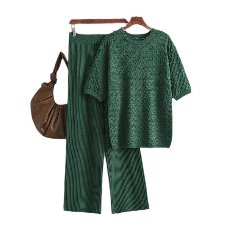Summer new solid color hollow casual round neck fashion suit short sleeve trousers knitted two-piece set