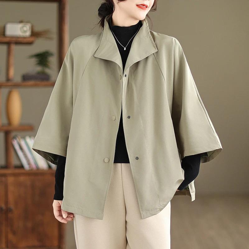 Women Loose Short Trench Coat Raglan 7 Sleeve Literary Casual Outerwear