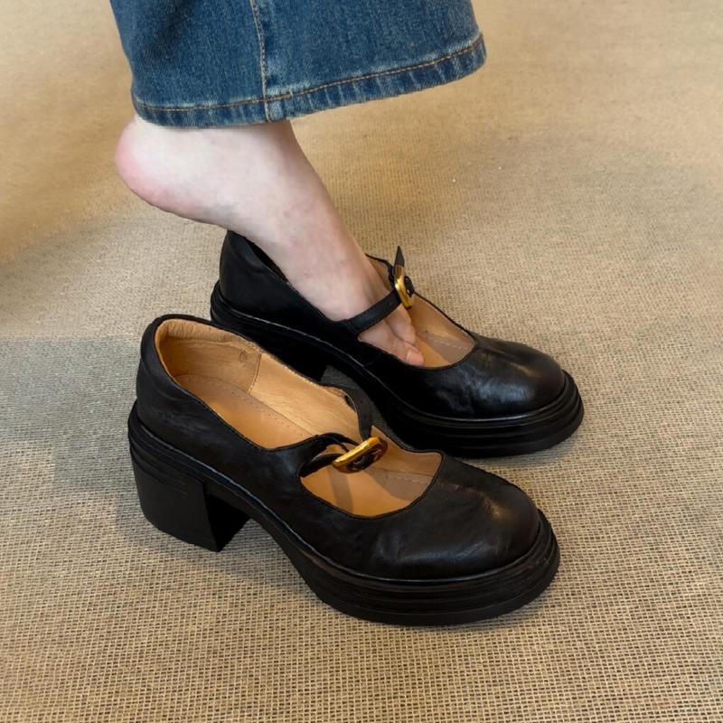 British Versatile Platform Round Head Small Leather Shoes Women's Retro Light Mouth One-word Buckle Thick Heel Mary Jane Shoes