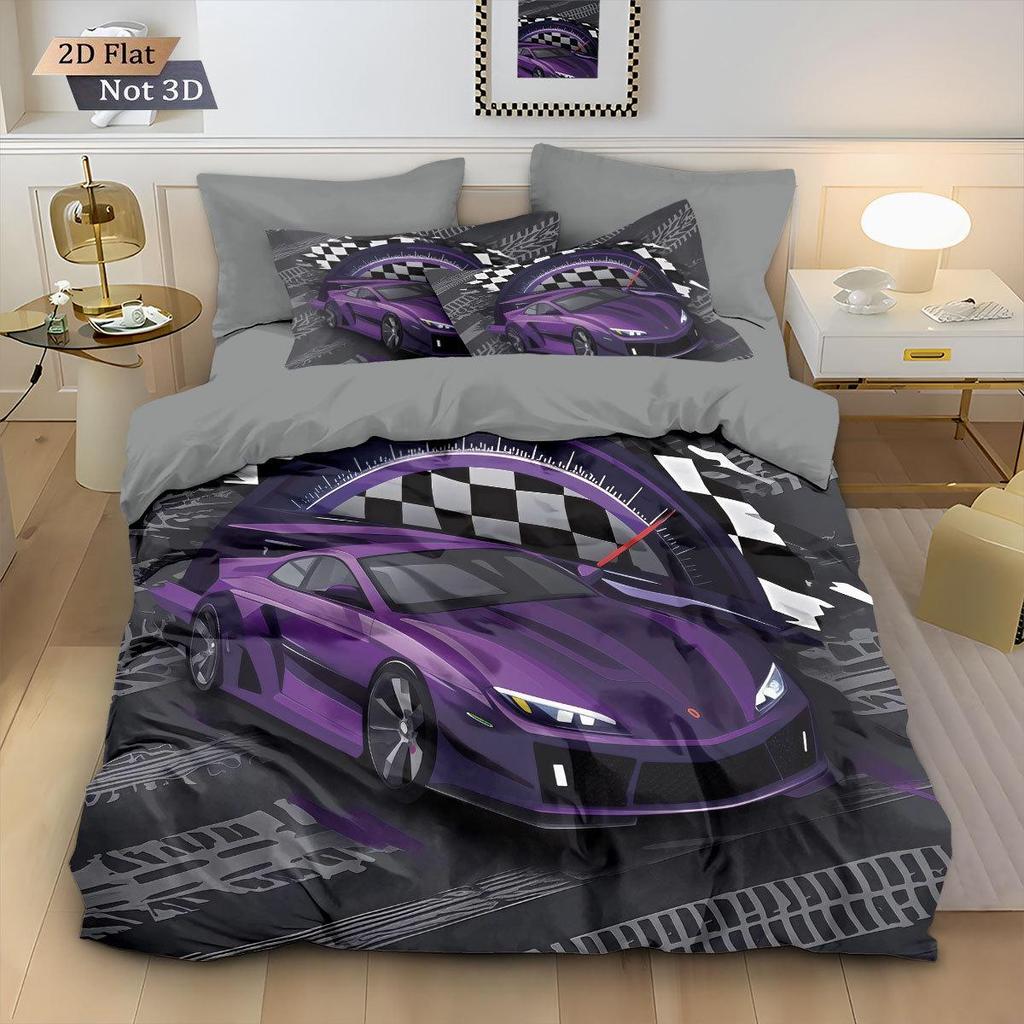 Racing Sports Car Print Bedding Set: Customizable Three-Piece with Pillowcase