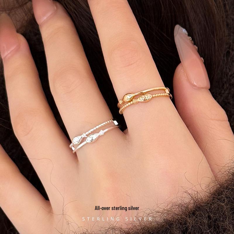 S925 Sterling Silver Korean Double Layer Fish Design Open Ring for Women - Trendy and Unique Silver Jewelry