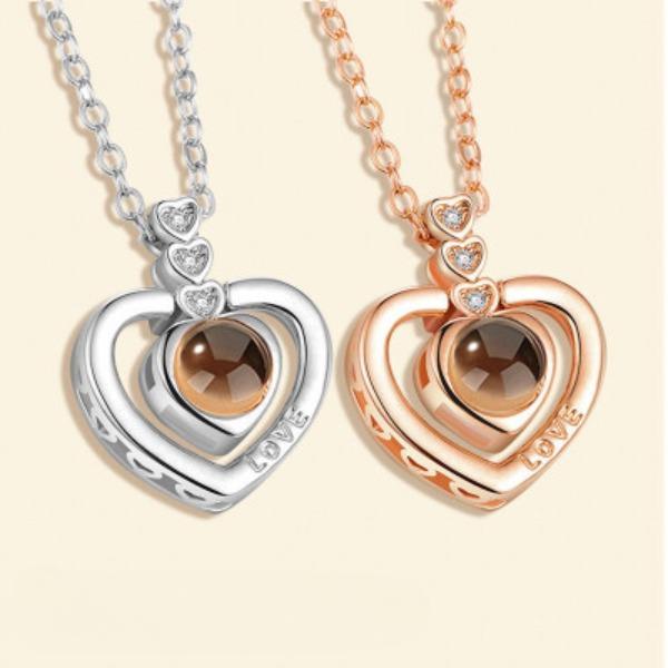 Colier cu Proiecție Memorie Te Iubesc în 100 de Limbi, Lanț Colier Inimă Dublă Inimă Piersică