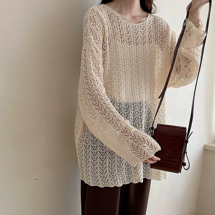 2024 Spring and Autumn New Lazy Wind Loose Long Sleeve Fashion Hollowed-out Slit Knitted Blouse