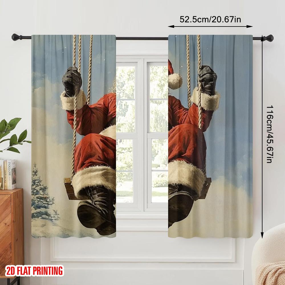 2pcs,2D Plane Printing Curtains Happy Santa Claus On Swing Versatile Durable Polyester (without Rod) Gifts for Bedroom and