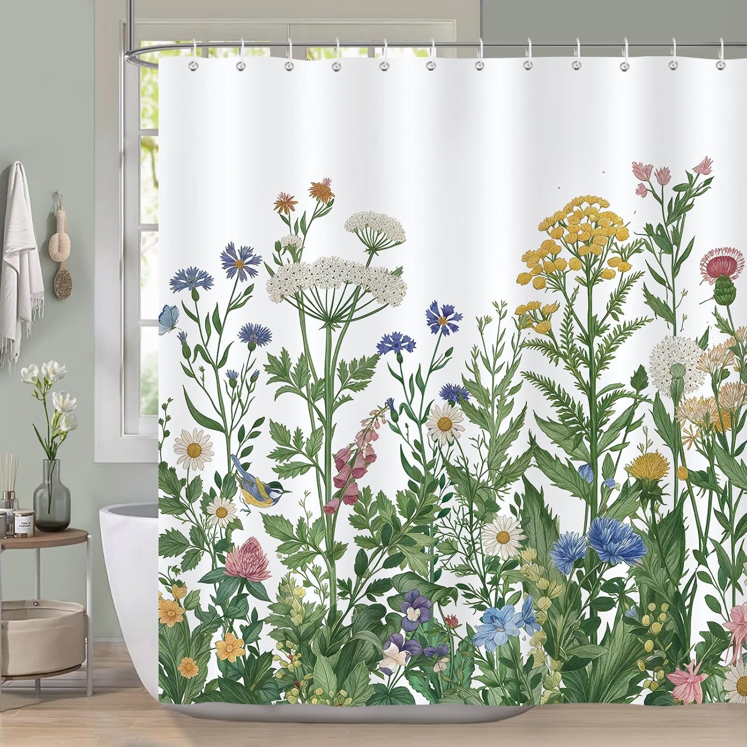 

Spring Wildflower Shower Curtain - Floral Herbs Botanical Green Leaves Decor - Washable Fabric Curtain Colorful Garden Bathroom W60H190(CM)-1 Pcs