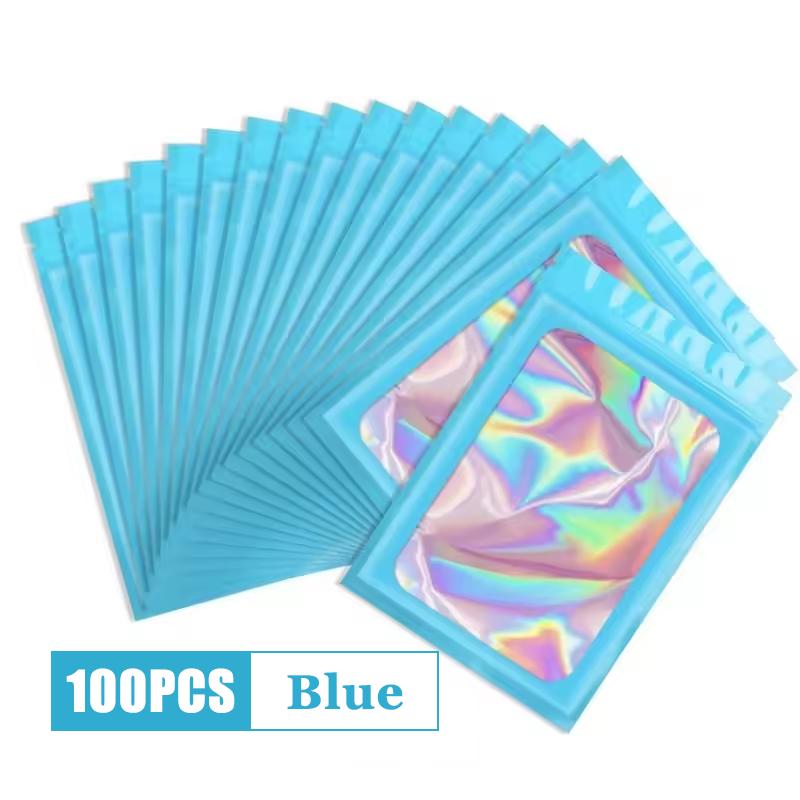 100Pcs Holographic Ziplock Bag Plastic Laser Iridescent Zip Bags for Manicure Eyelash Display Earrings Ring Jewelry Storage Bags