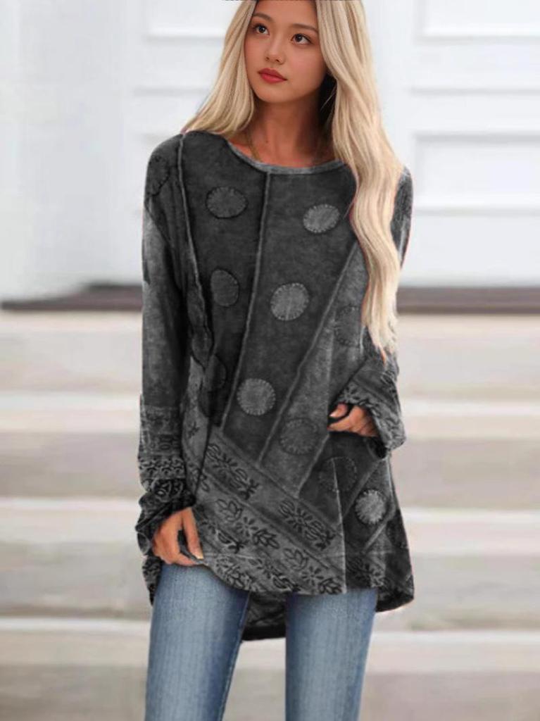 Top da donna a manica lunga con scollo rotondo, stampa stile etnico retrò