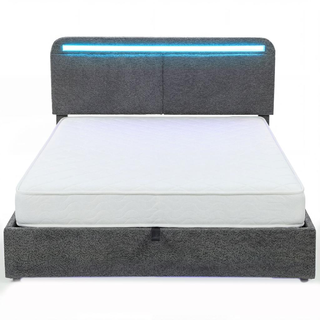 Storage Bed 140 X 190 Cm with LED Lighting, Adjustable Headboard, Double Bed Frame, Wooden Slatted Base, Grey