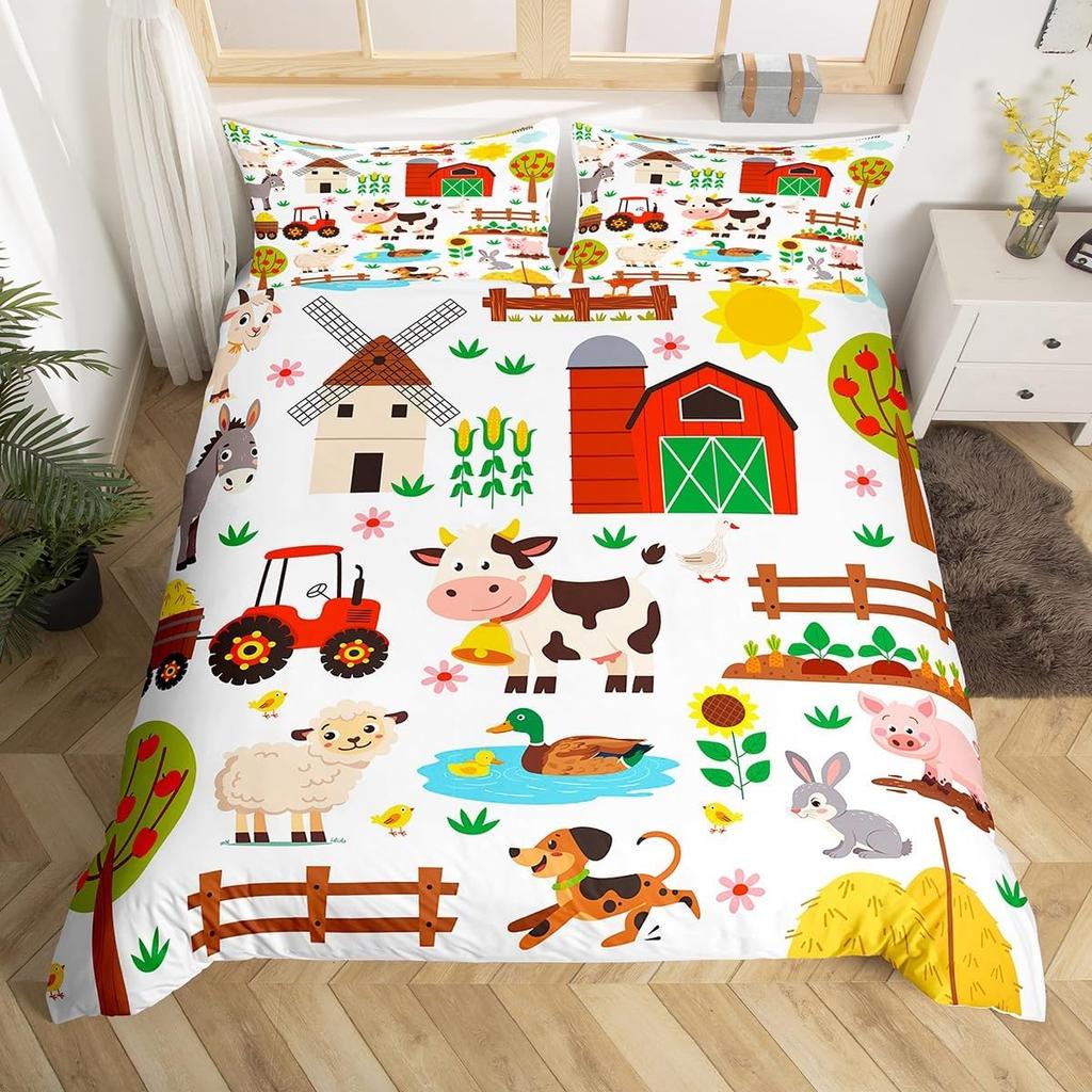 Comforter Cute Cartoon Farm Animal Truck Tractor Bedding Set Farmhouse Country Cozy Comforter For Boys Teen Room Decor