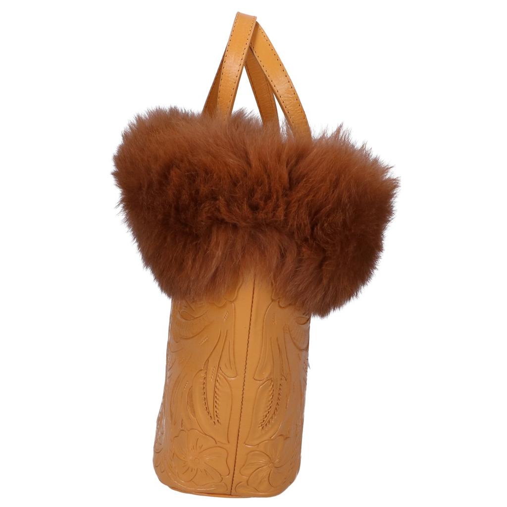 CARVING TRIBES [47482505] Marisol Carved Leather with Fox Fur Tote Bag mustardUsed