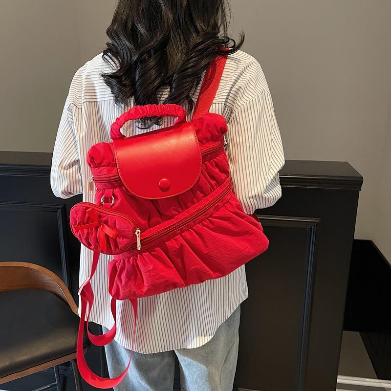 Solid Color Backpack Women's Pleated Handbag with Coin Purse