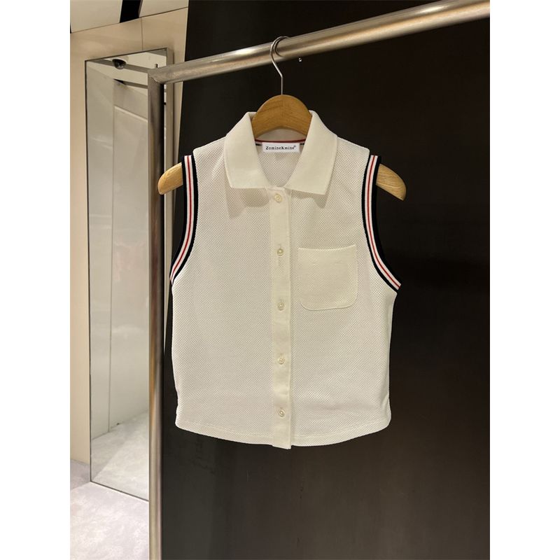

Fashion Polo Collar Silm Sleeveless Shirt/T-shirt Women 2024 Summer New Arrival White Lapel Spaghetti-Strap Camisole Top White S