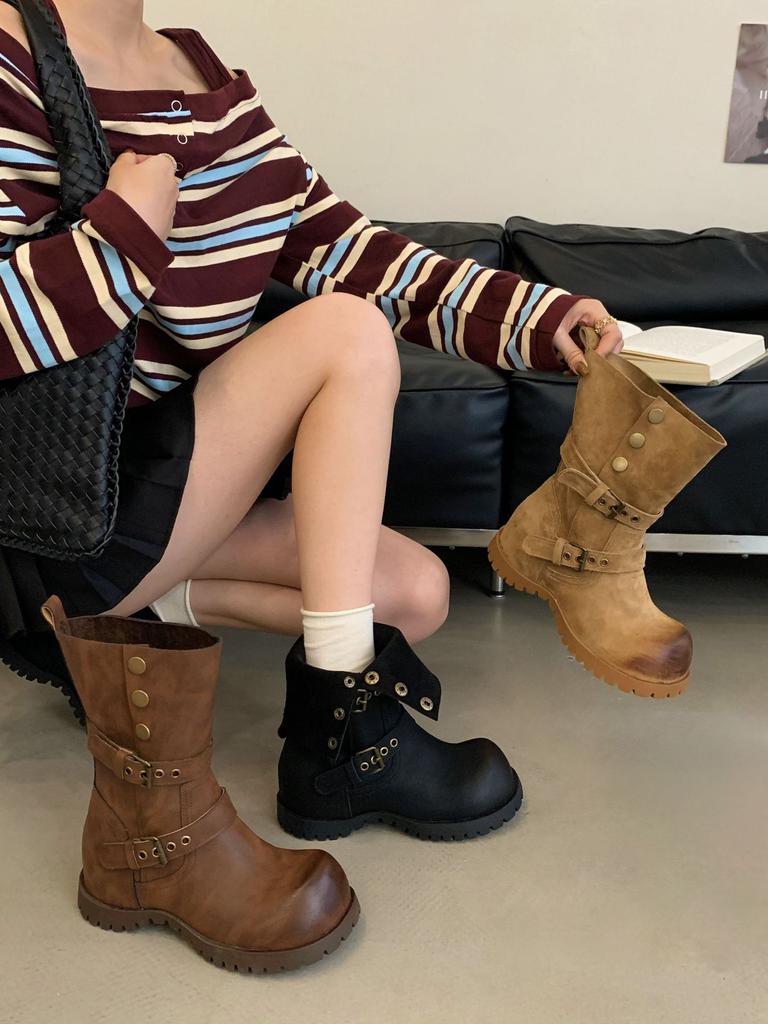 Inner height increase Martin boots women's 2025 autumn and winter new Maillard brown medium tube fashion boots British style two wear short boots