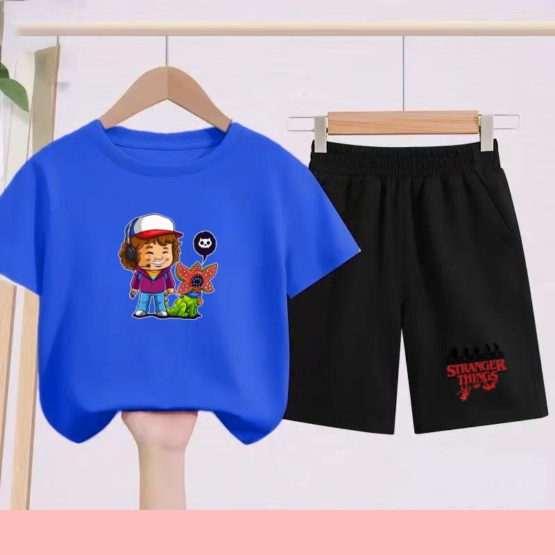 Children's Summer Set with Cartoon Monster Patterns - Boys' and Girls' Sports T-shirts and Casual Short-sleeved Shorts Sets
