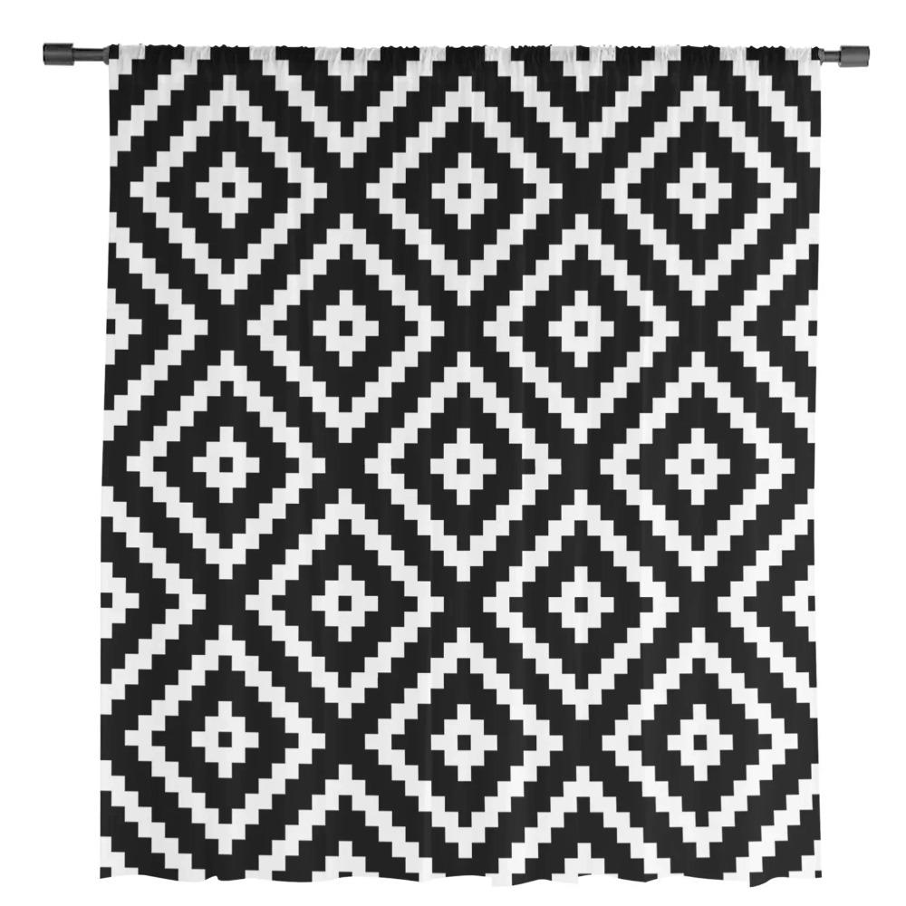 Geometric Square Texture Black White Sheer Curtains for Living Room Decoration Window Curtain Kitchen Tulle Voile Organza Drapes