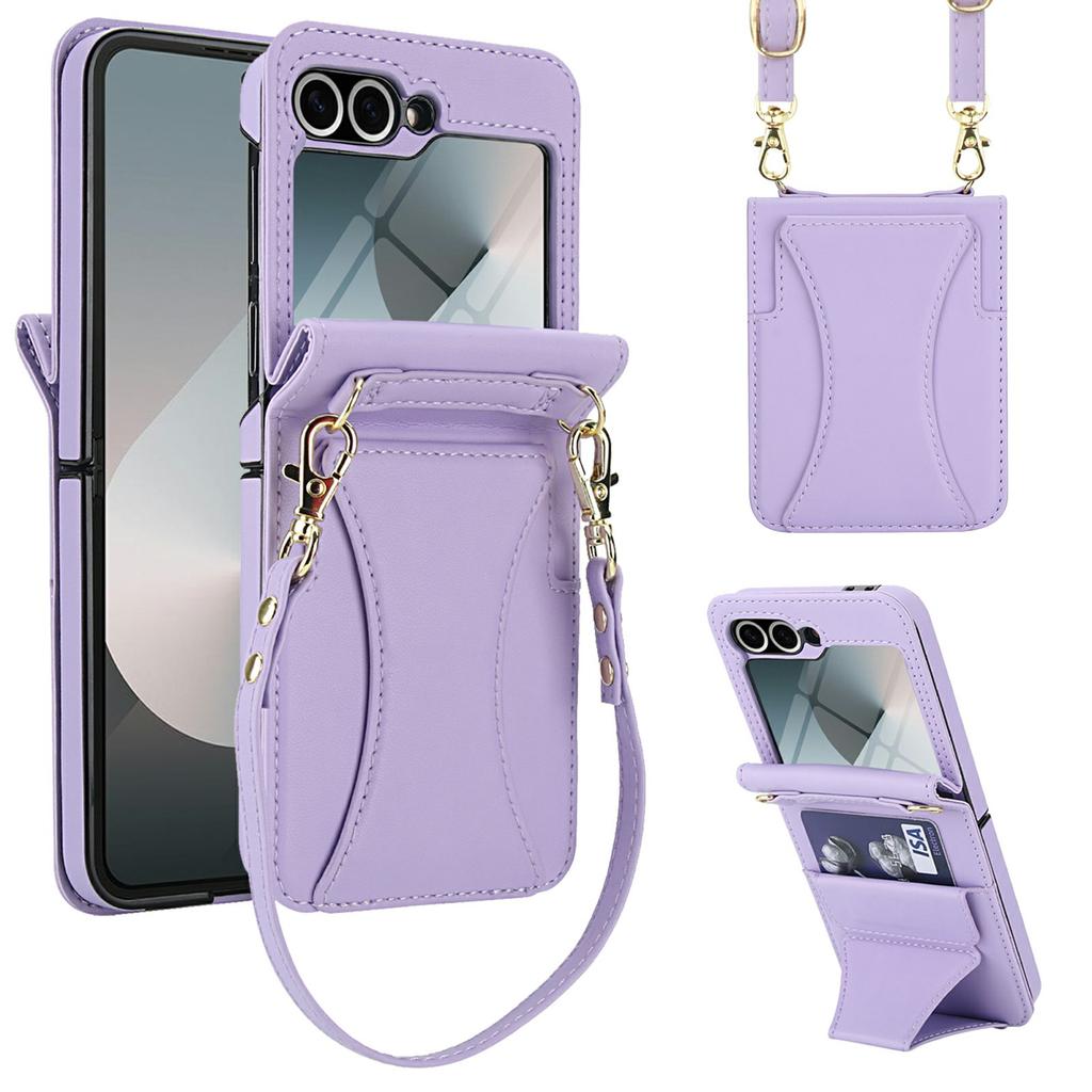 For Samsung Galaxy Z Flip5 5G Case Kickstand Leather+PC Folding Phone Cover with HD Screen Protector/Straps
