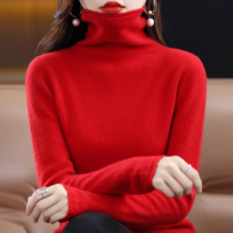 Women's 100% Pure Wool Turtleneck Sweater - Fashionable Autumn/Winter Knitted Cashmere Base Layer Top
