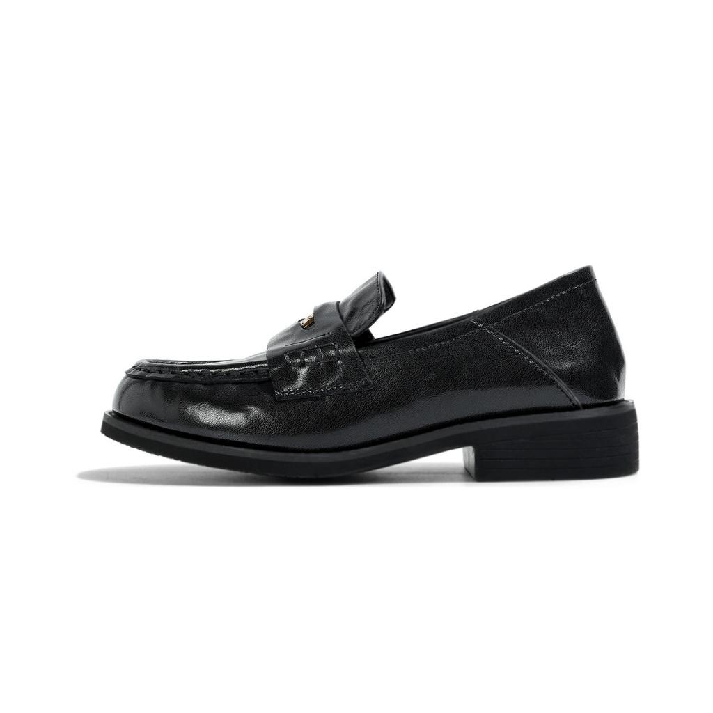 Natürliches Rollleder Goldmünzen Slipper Damen Retro Temperament Pendeln Herbst und Winter Neu Britisch Quadratischer Absatz Kleine Lederschuhe
