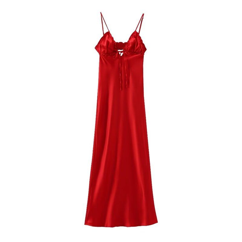 Fashion Style 2024 Summer Women's Laminated Decoration Silk Satin Texture Midi Skirt Sling Mid-Length Dress 3072/