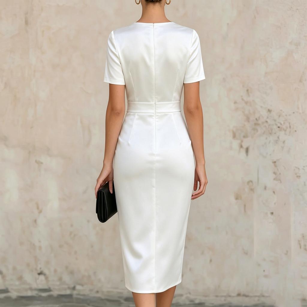 Women's V Neck Satin Short Sleeve Bowknot Wrap Sheath Dress Elegant Slim Fit Midi Dress for Formal Events Office Wear