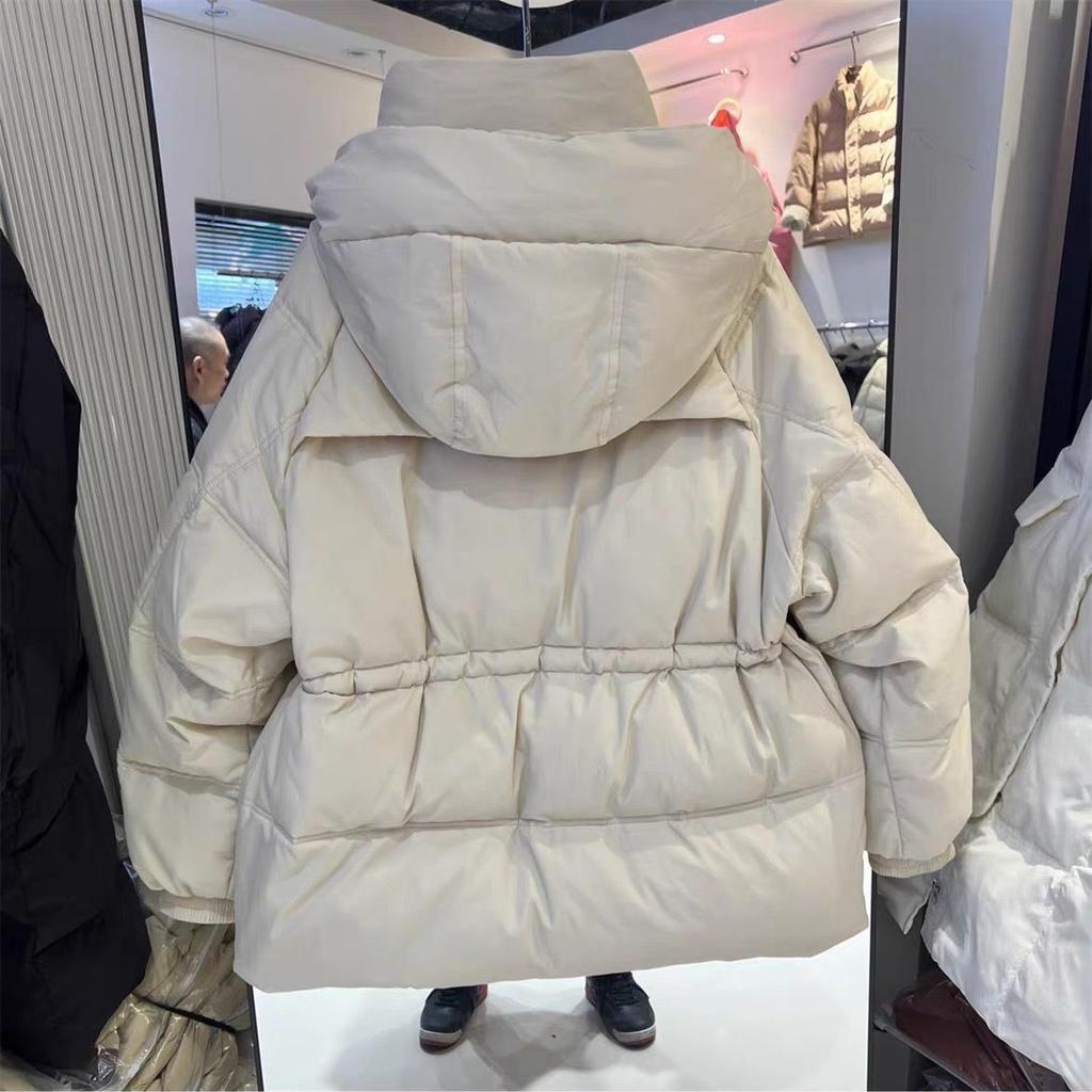 Women's Autumn Winter Down Jacket Short Hooded Single Breasted Loose Adjustable Waist Straight Tube White Duck Down Coat