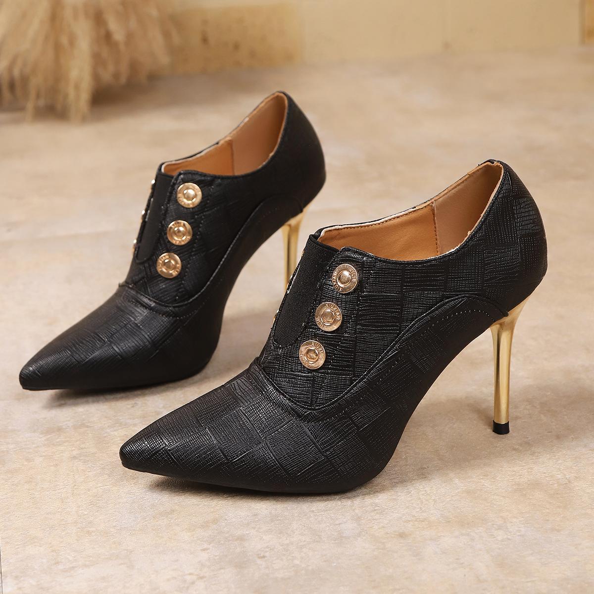 

Роскошные золотые металлические украшения Ботильоны женские 2025 Осень Сексуальные с острым носком Супер высокий каблук Ботильоны Слипоны Тонкая подошва 37 чёрный