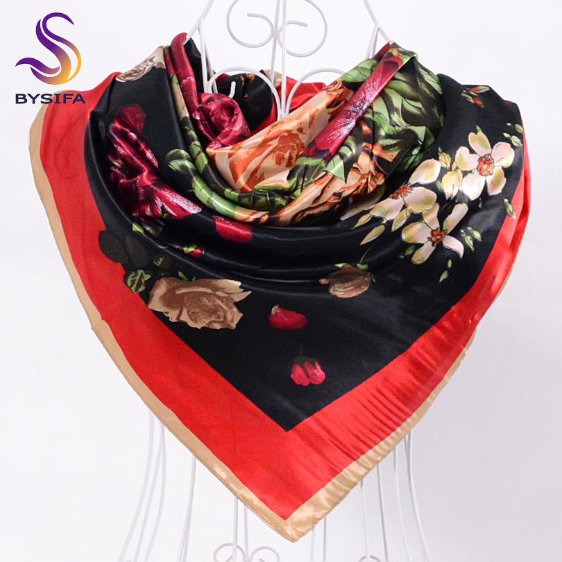 [BYSIFA] China Roese Large Square Scarves For Spring Autumn  New Design Red Black Flowers Silk Scarf Brand Muslim Head Scarf