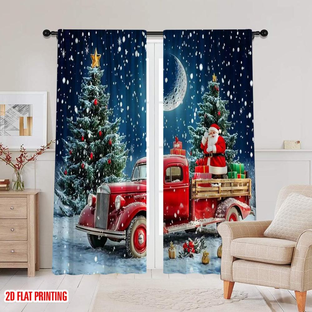 Set Of 2 Flat Printing Dark Blue Sky Christmas Snow Scenery Curtains Santa Claus Tree Bedroom Bathroom Living Curtain Polyester Perfect For Sleeping