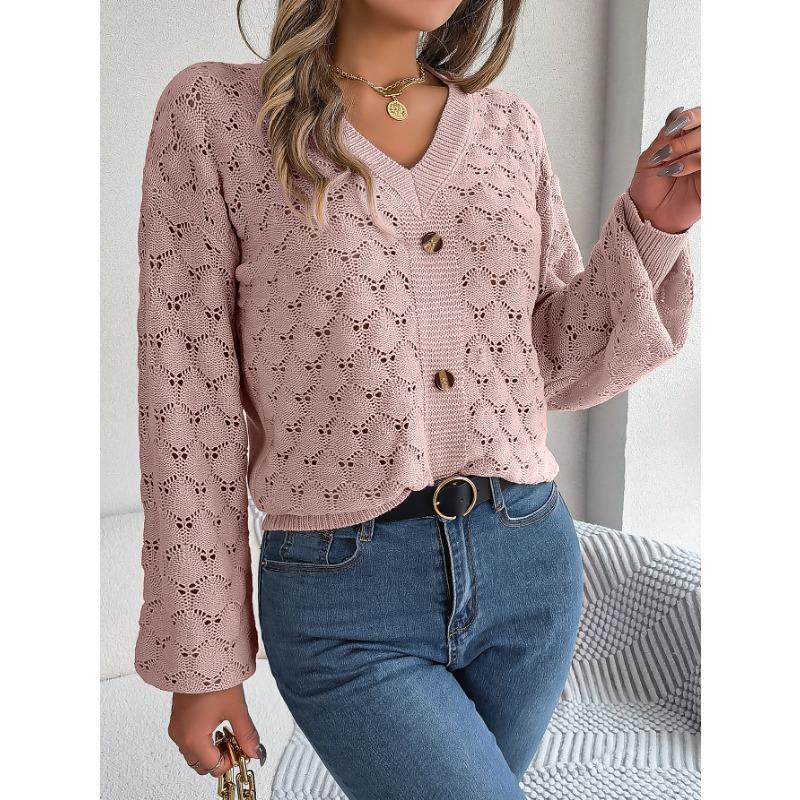 Autumn and winter casual V-neck button hollow lantern sleeve pullover sweater, elegant casual gray temperament ladies long-sleeved knitted sweater