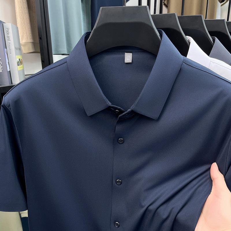 Pánská letní bezešvá košile s krátkým rukávem z ledového hedvábí - Prodyšná, jednobarevná, Business Casual, s krátkým rukávem.
