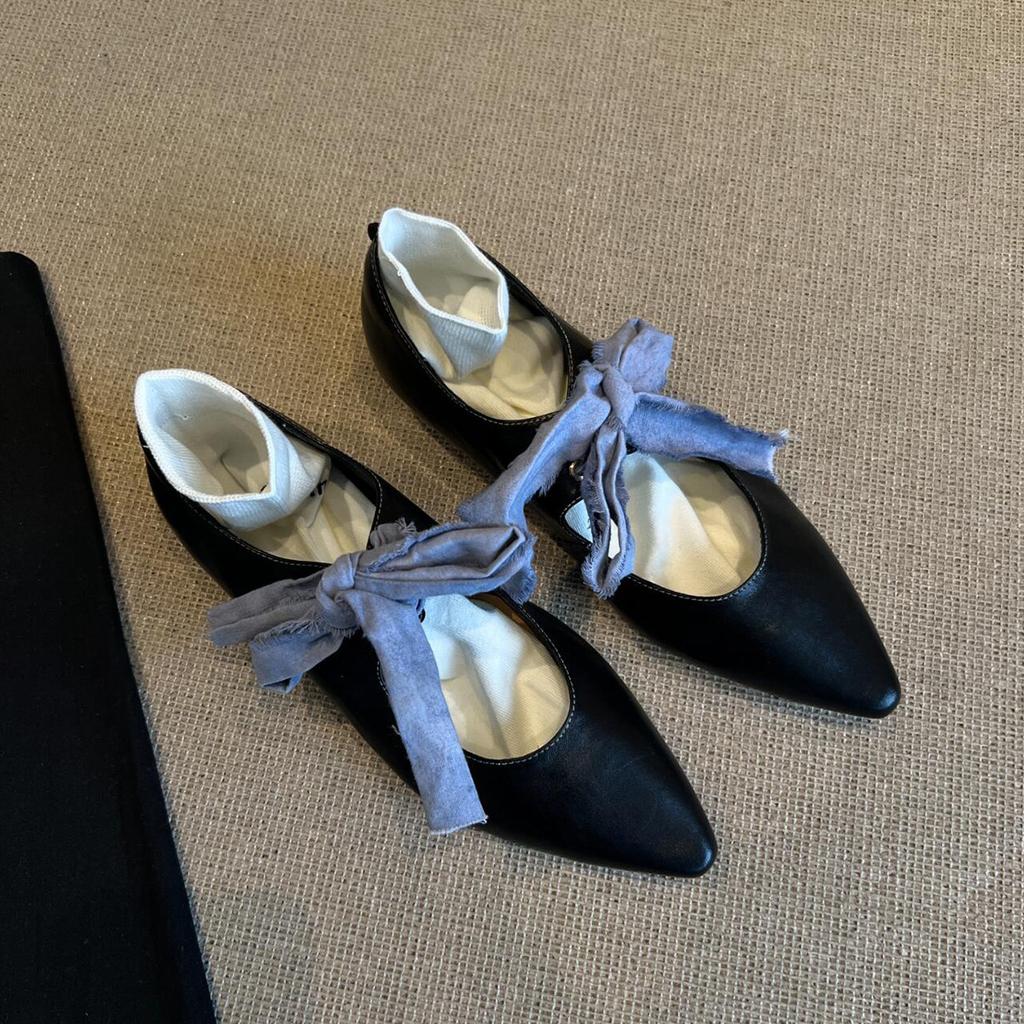 Cowhide version~ pointed lace-up literary and artistic ballet shoes for women's niche light luxury bow shallow mouth Mary Jane single shoes