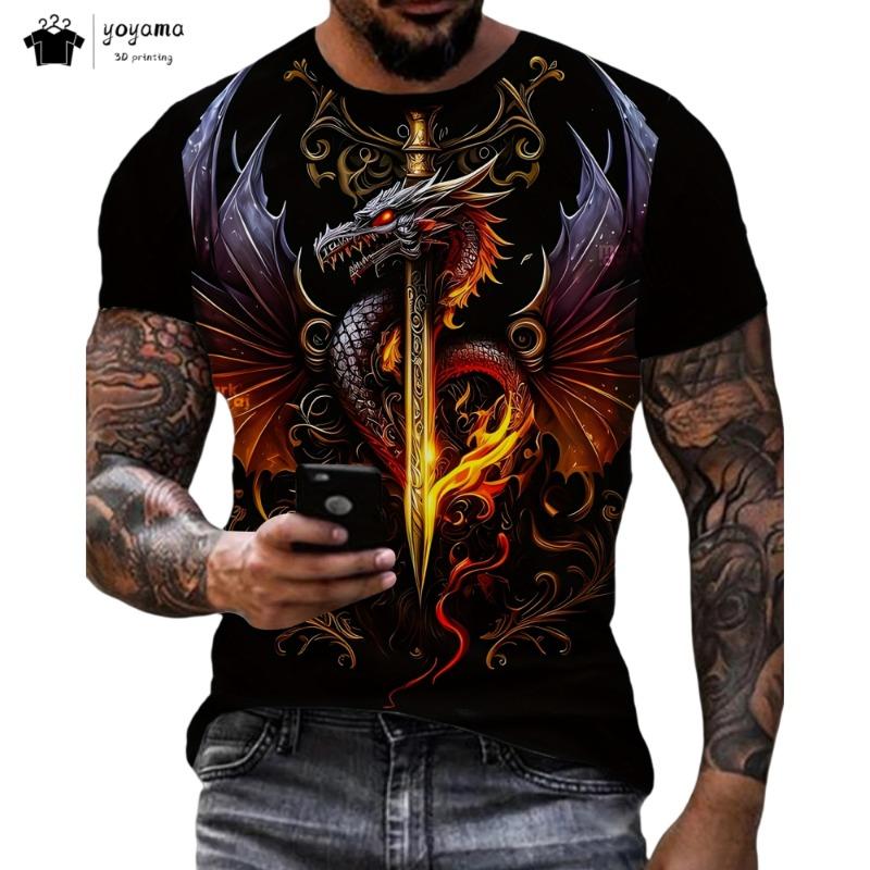 Herren T-Shirts Drachenmuster Kurzarm Tee Mode Straße Rundhals Oberteil Trend Tier 3D-Druck Locker Vielseitig Herrenbekleidung